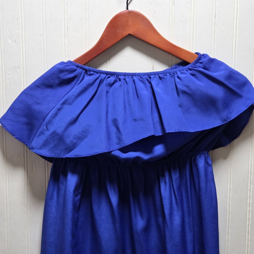 Eight Sixty Dress Womens Small Blue Off Shoulder Ruffle‎ Sundress Satin Casual